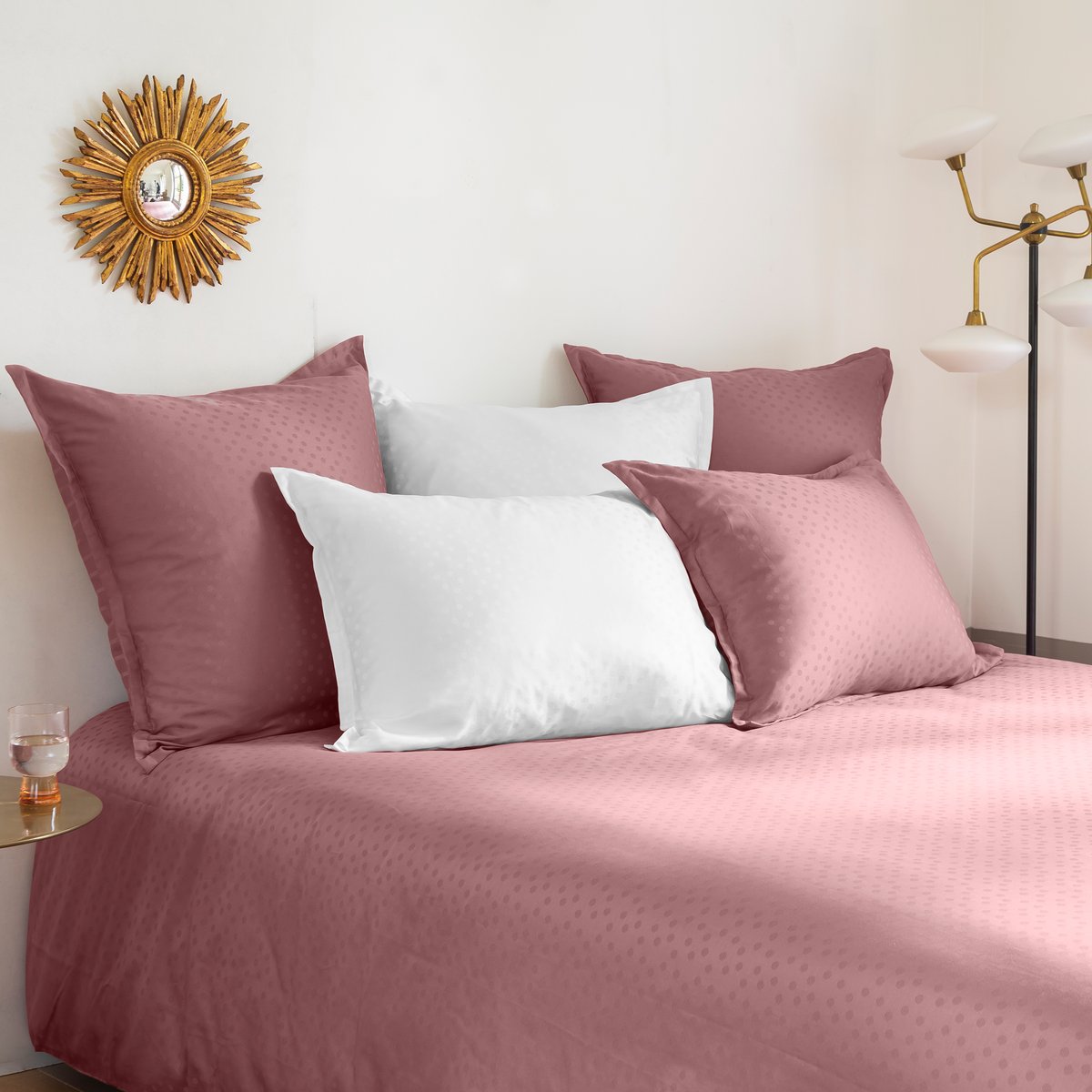 Housse de couette satin de coton jacquard pois et rayures PRESTIGE santal, CARRE BLANC