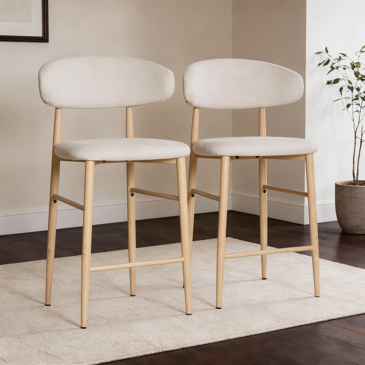 Tabourets de bar en tissu, lot de 2, Simon, SIMON beige, bois clair, HAPPY GARDEN