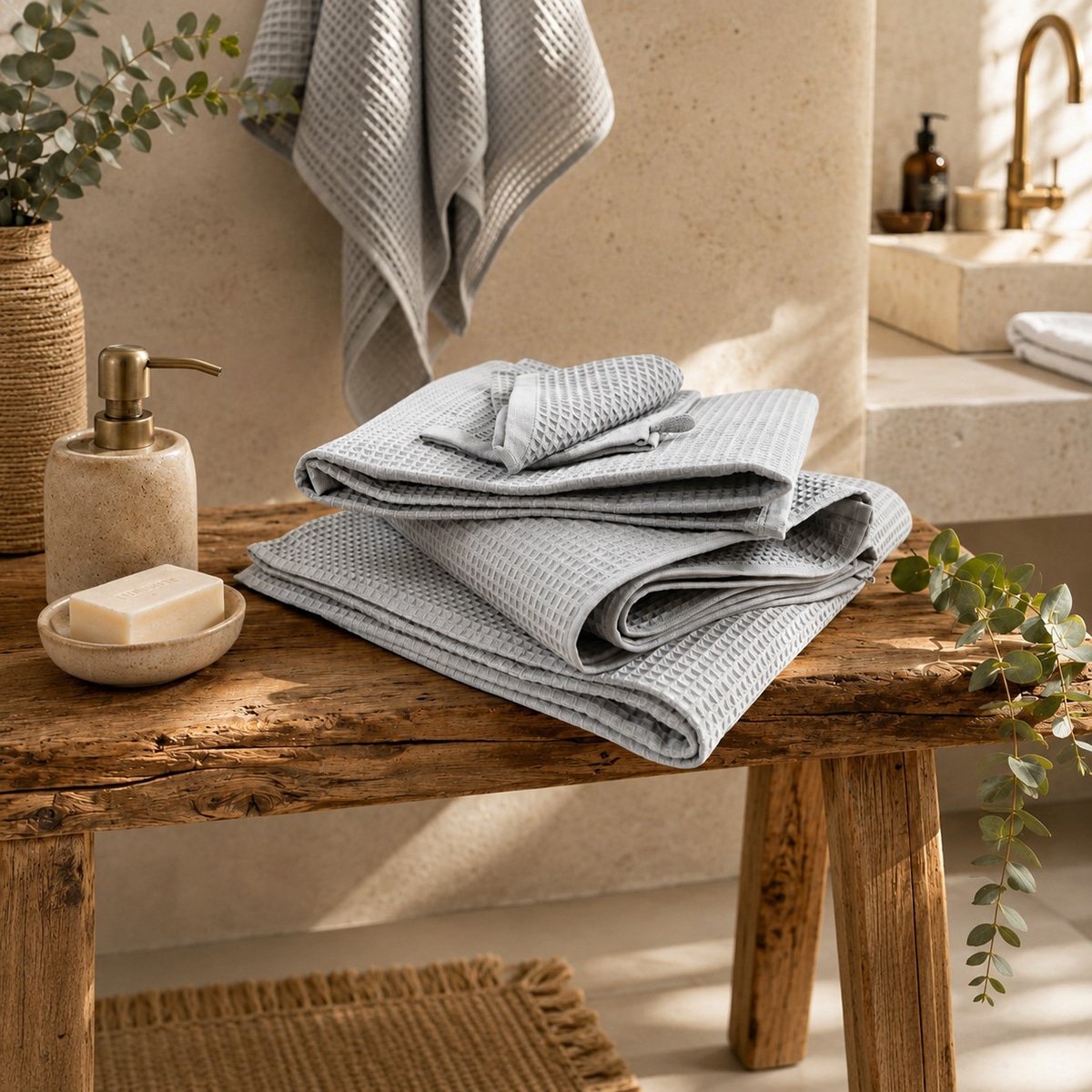 Maxi drap de bain en coton nid d'abeille EDEN gris, LINANDELLE