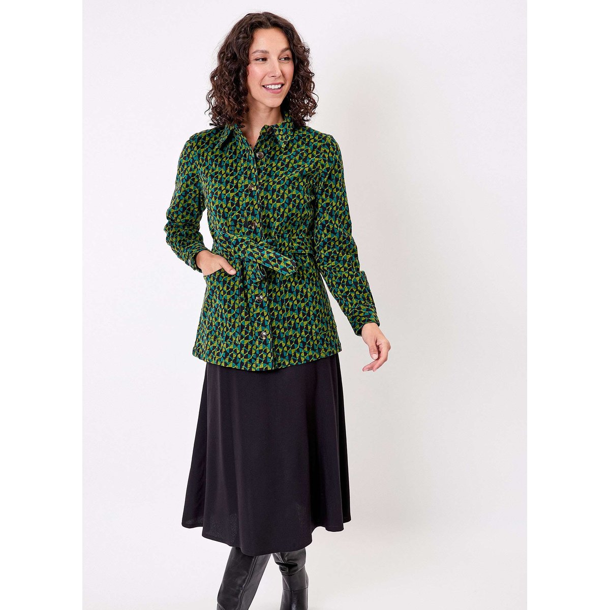 Veste mi-longue ceinturée velours côtelé REGINA vert forêt, PRINCESSE NOMADE