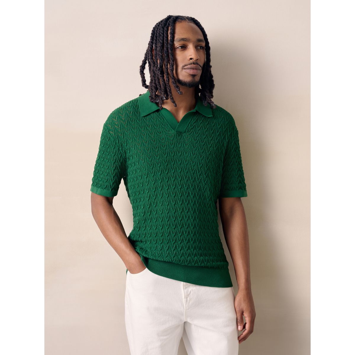 Polo standard pointelle de coton à col trophy tennis green, NEXT