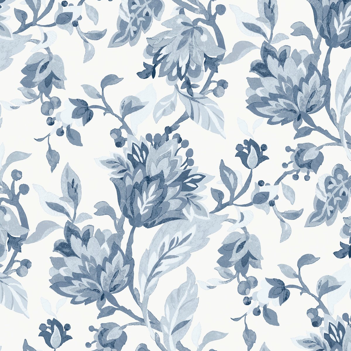 Papier peint fleuri Adwick trail bleu chambray, blanc, LAURA ASHLEY