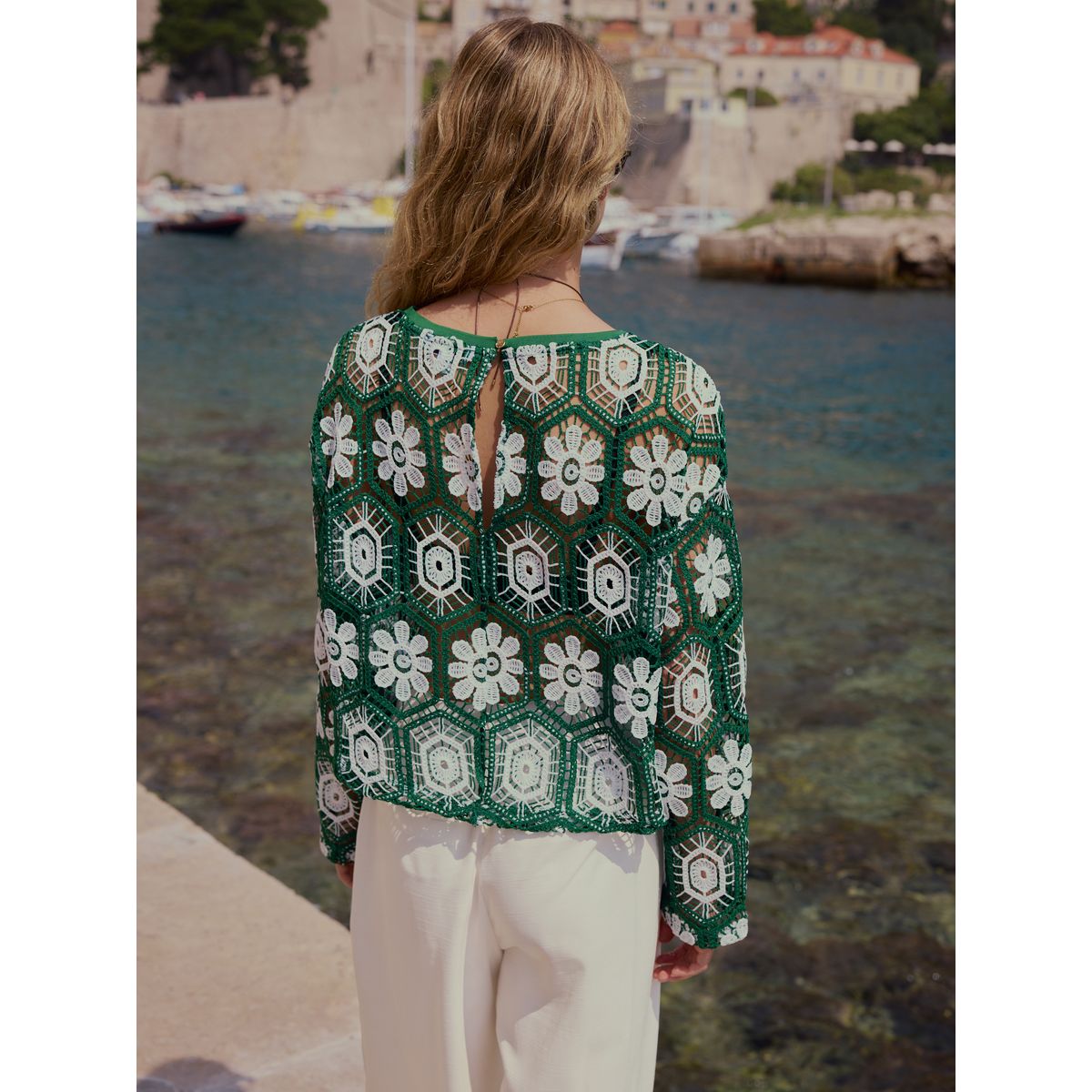 Haut à manches longues au crochet vert/blanc, NEXT