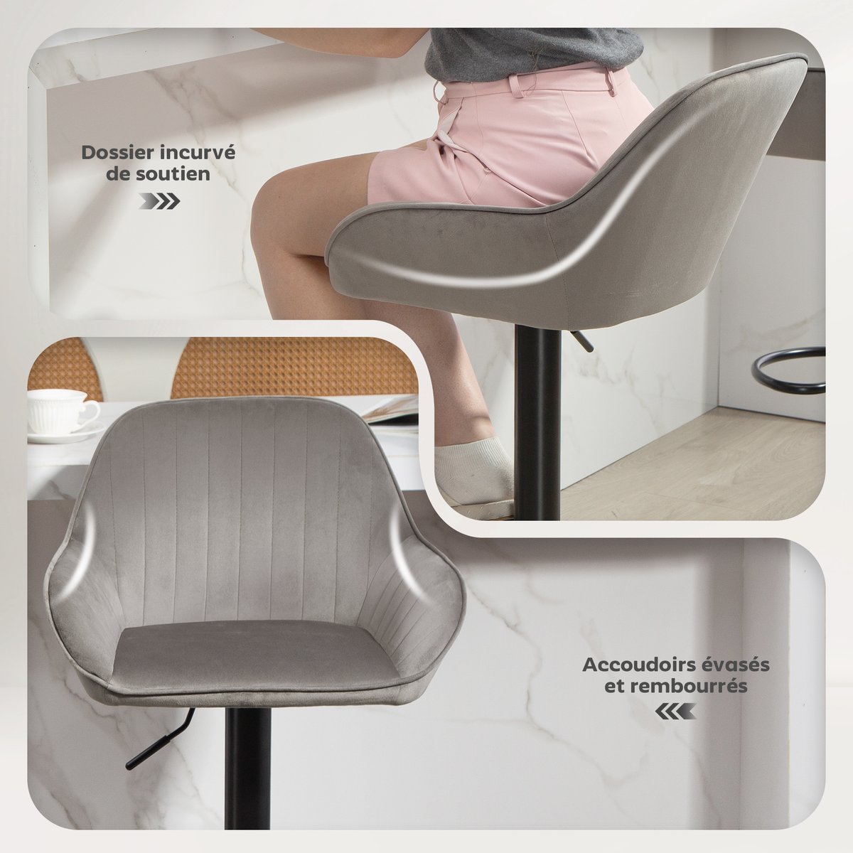 Tabouret de bar Velours (100 % polyester) gris et noir, HOMCOM