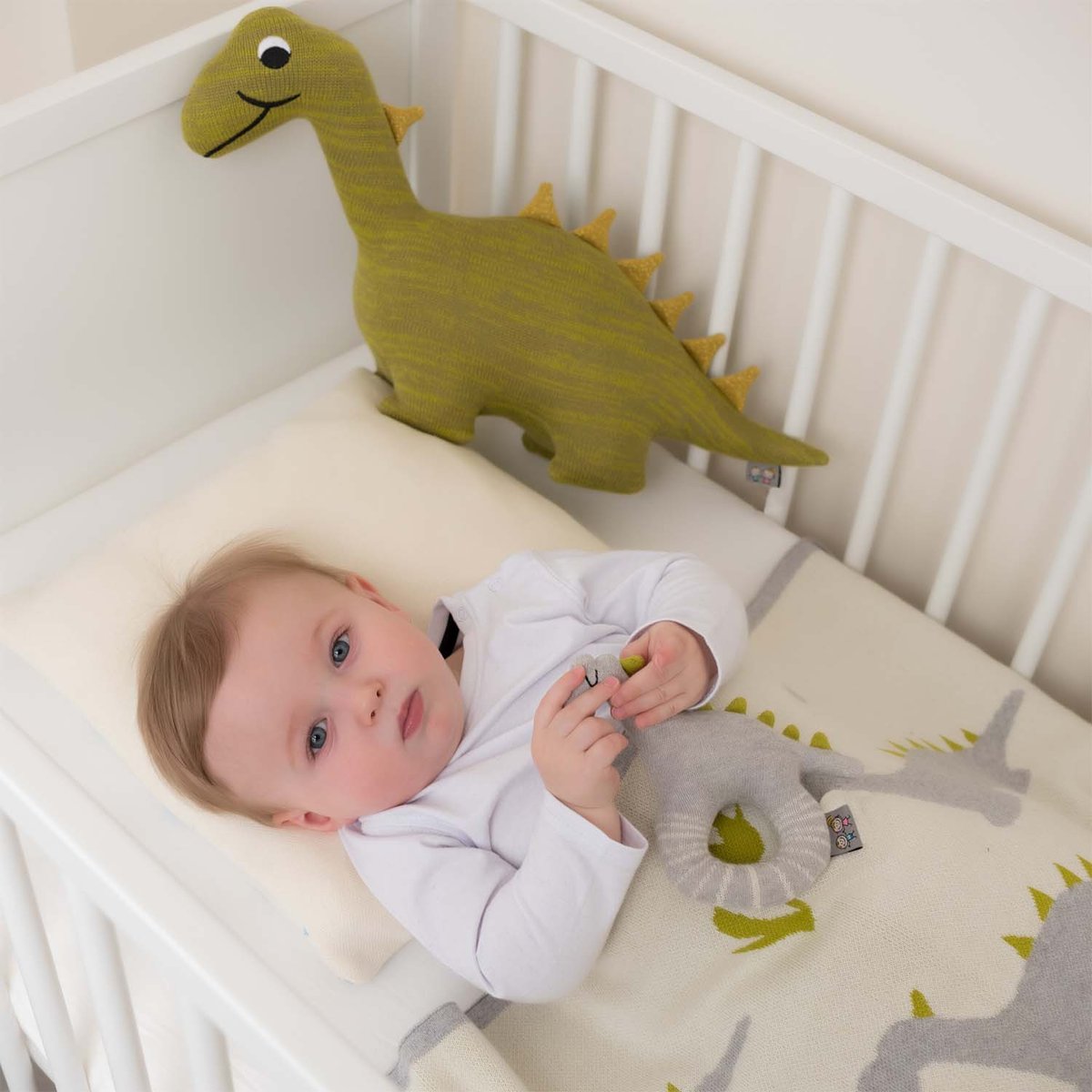 Couverture plaid en coton bio TRICOT écru, dino, SEVIRA KIDS