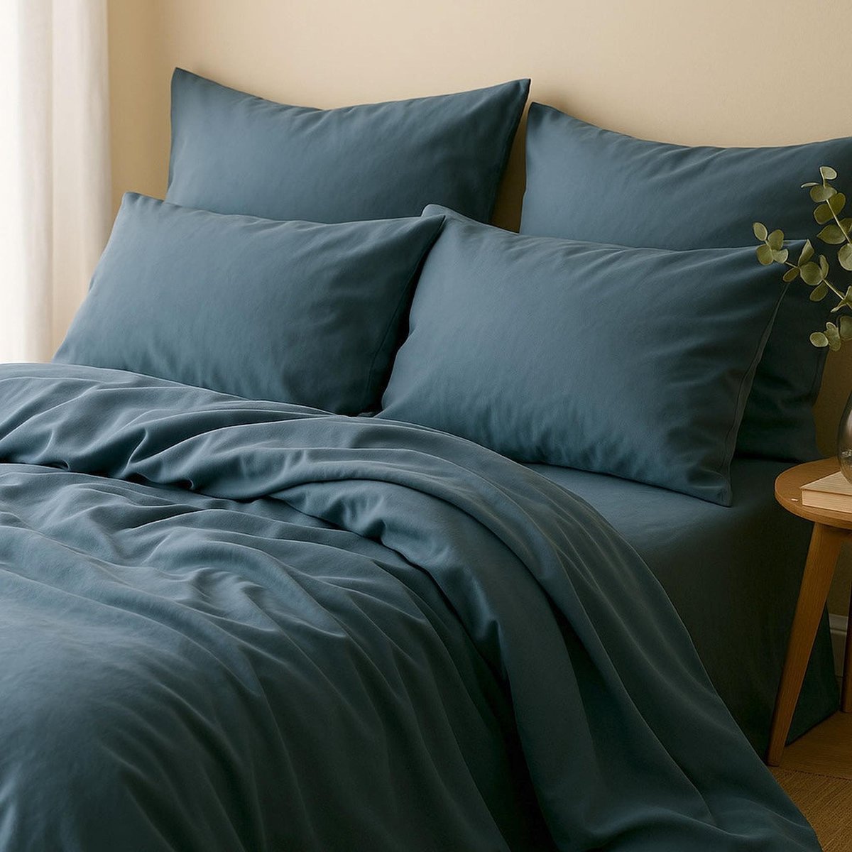 Drap housse satin lavé de coton bio GAIA Made in Europe bleu orage, FEBRONIE