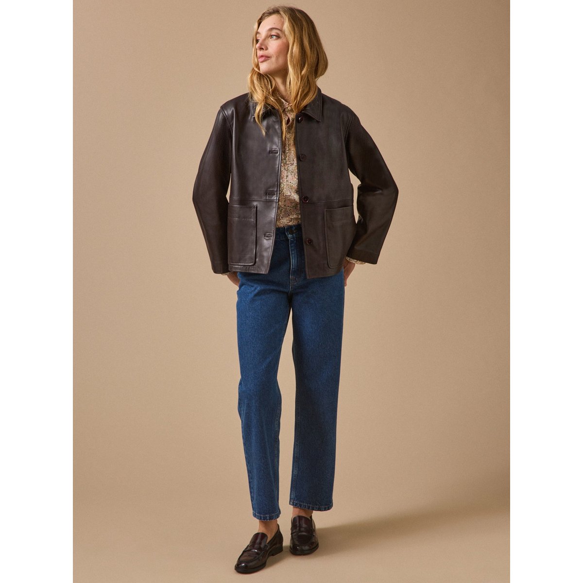 Veste en cuir marron fonce, CYRILLUS