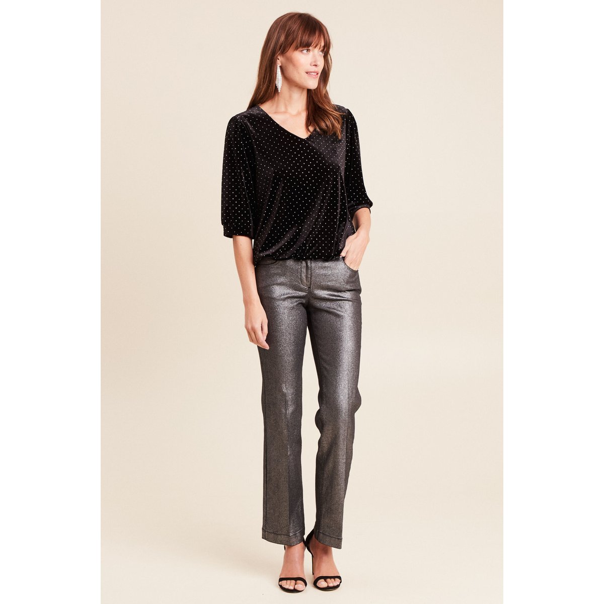 Top velours col v manches 3/4 strass noir, BREAL