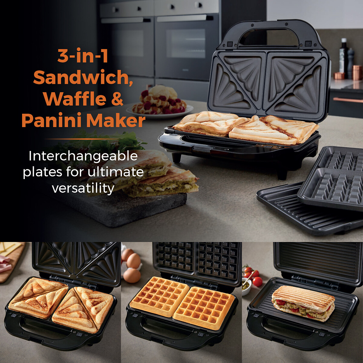 3-in-1 Deep Fill Sandwich Maker - T27032 stainless steel, TOWER