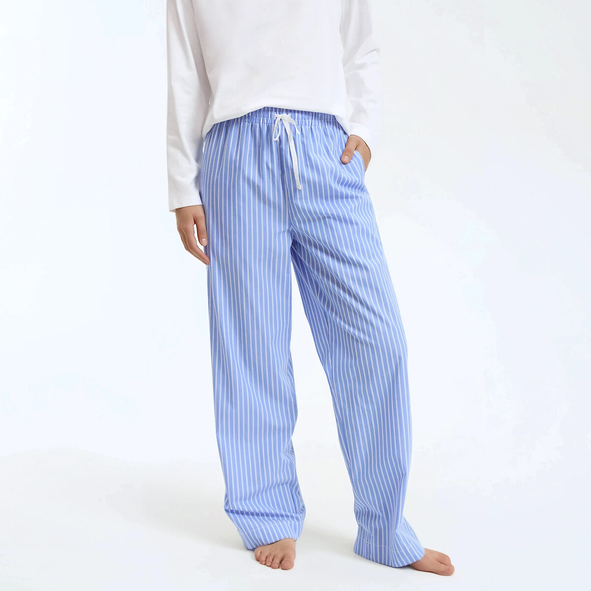 Pantalon de pyjama rayé, en pur coton rayé bleu ciel, LA REDOUTE COLLECTIONS