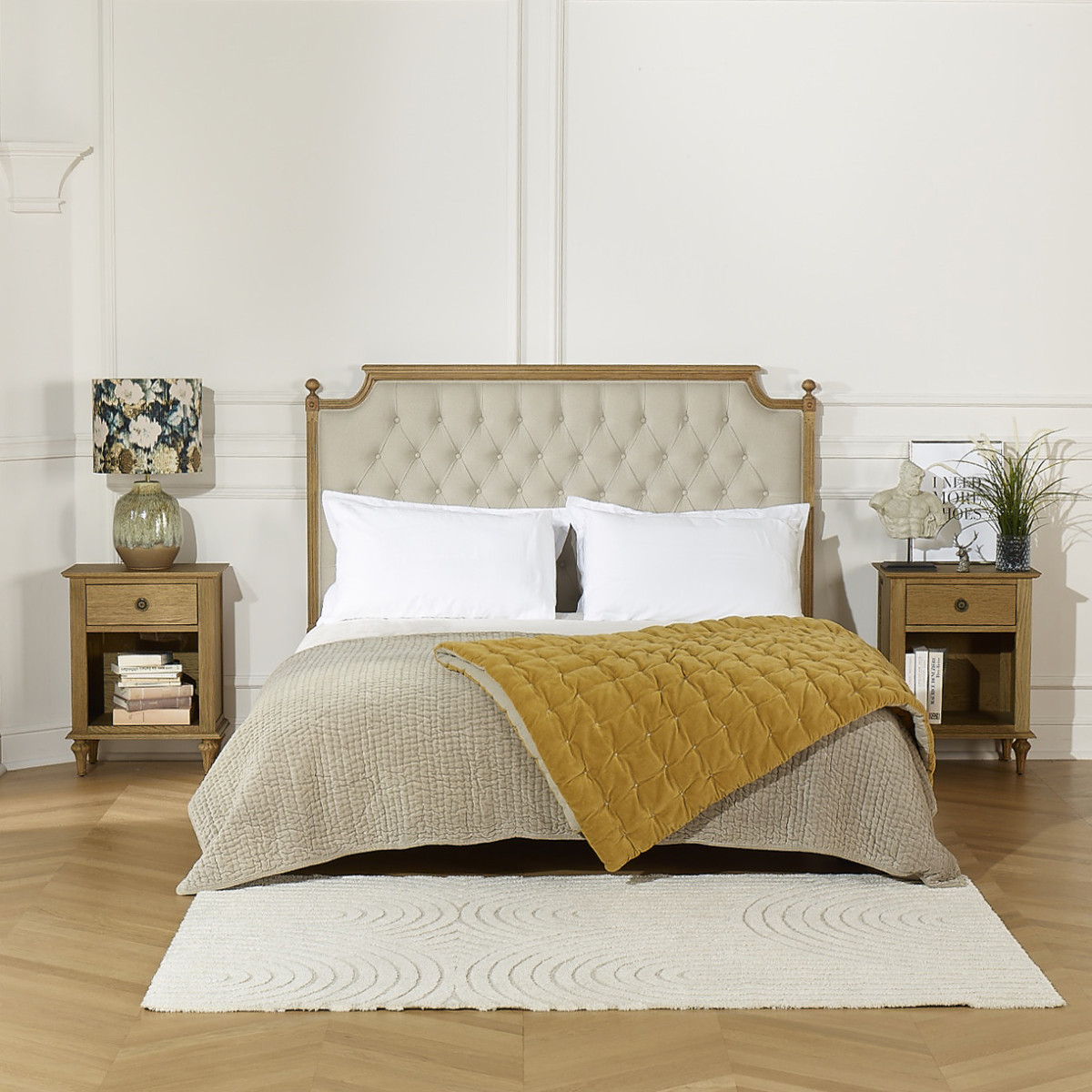 Tête de lit 160 cm style shabby chic en chêne et lin VENICE ficelle, ROBIN DES BOIS