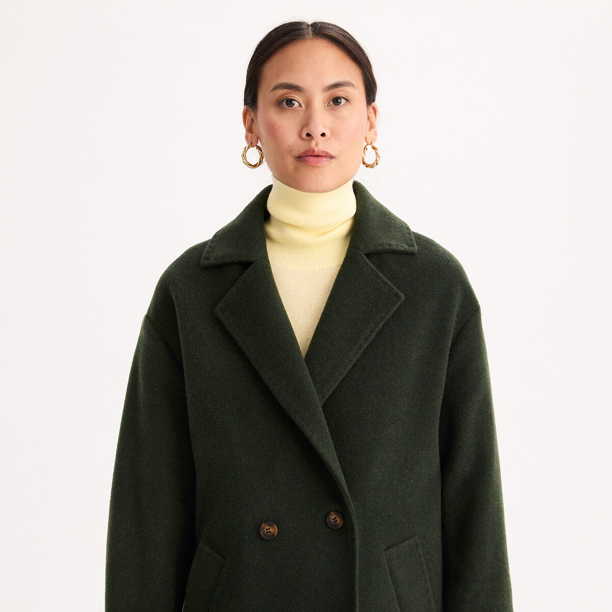 Manteau long, double boutonnage en laine mélangée italienne vert kaki, ANNE WEYBURN
