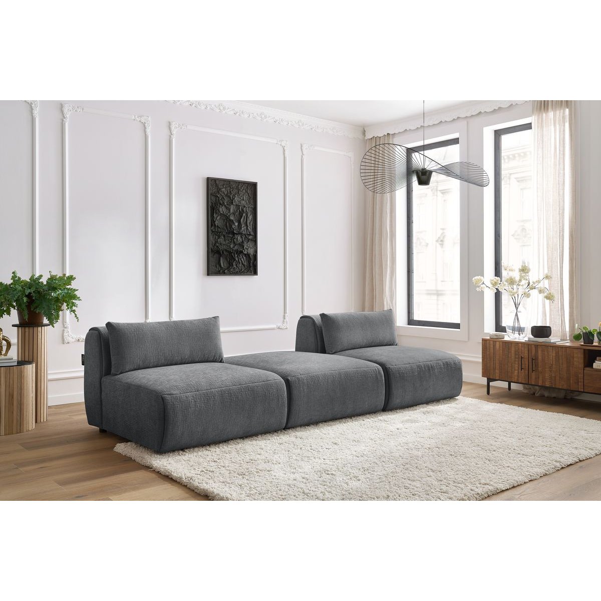 Canapé modulable 3 places en tissu texturé, JEANNE gris foncé, BOBOCHIC