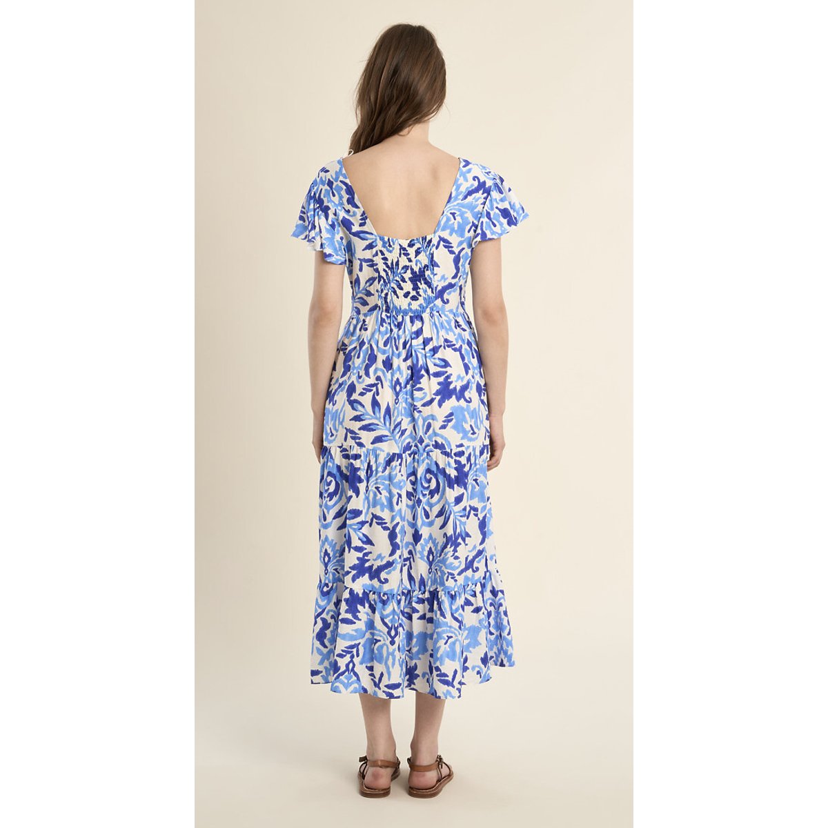 Robe longue imprimée manches courtes imprimé bleu, MOLLY BRACKEN