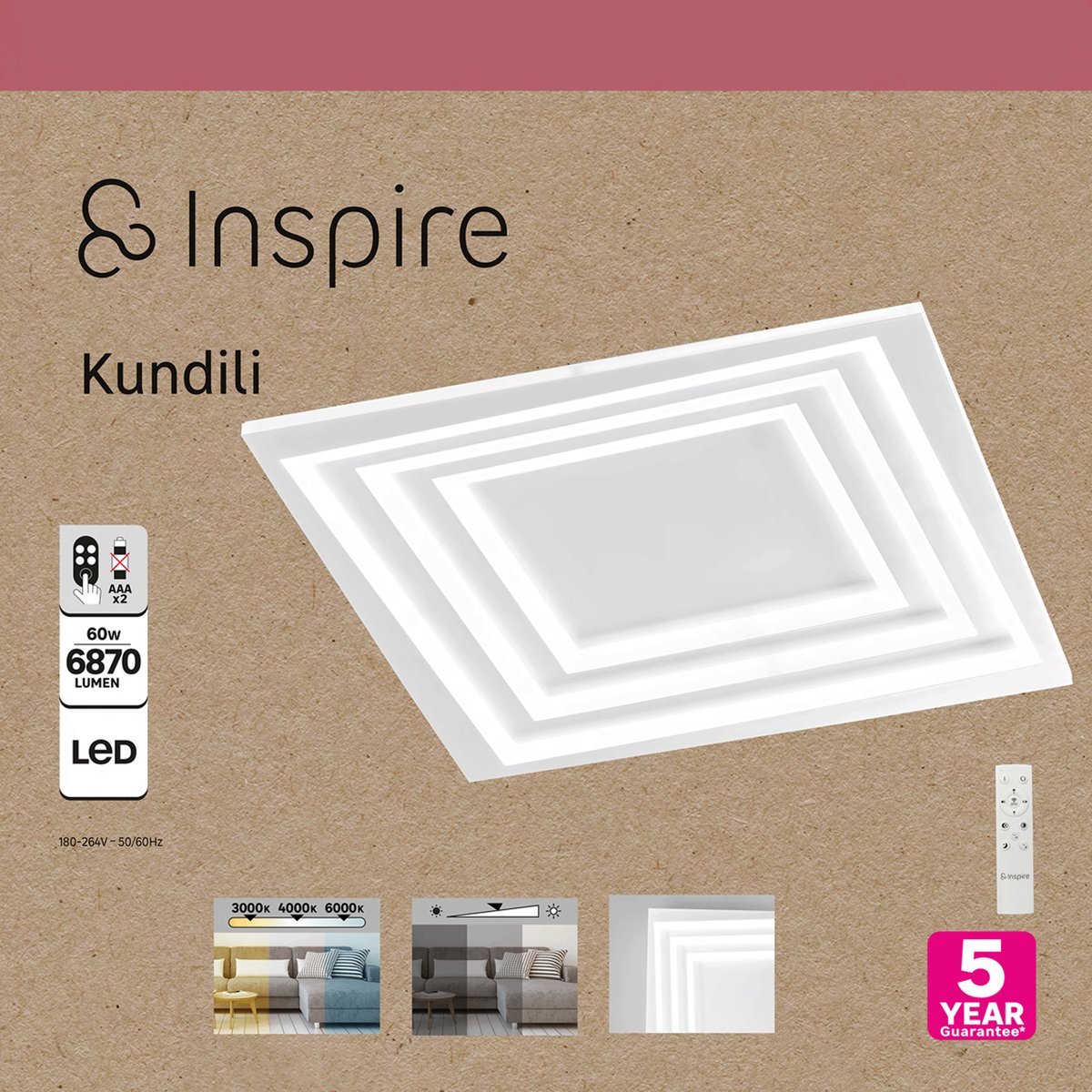 Plafonnier LED design carré, KUNDILI blanc, INSPIRE