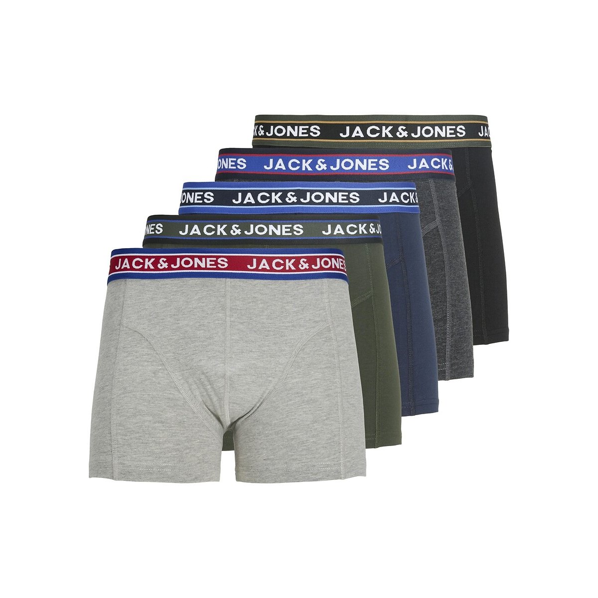 Lot de 5 boxers unis noir + kaki + marine + gris foncé + gris, JACK & JONES