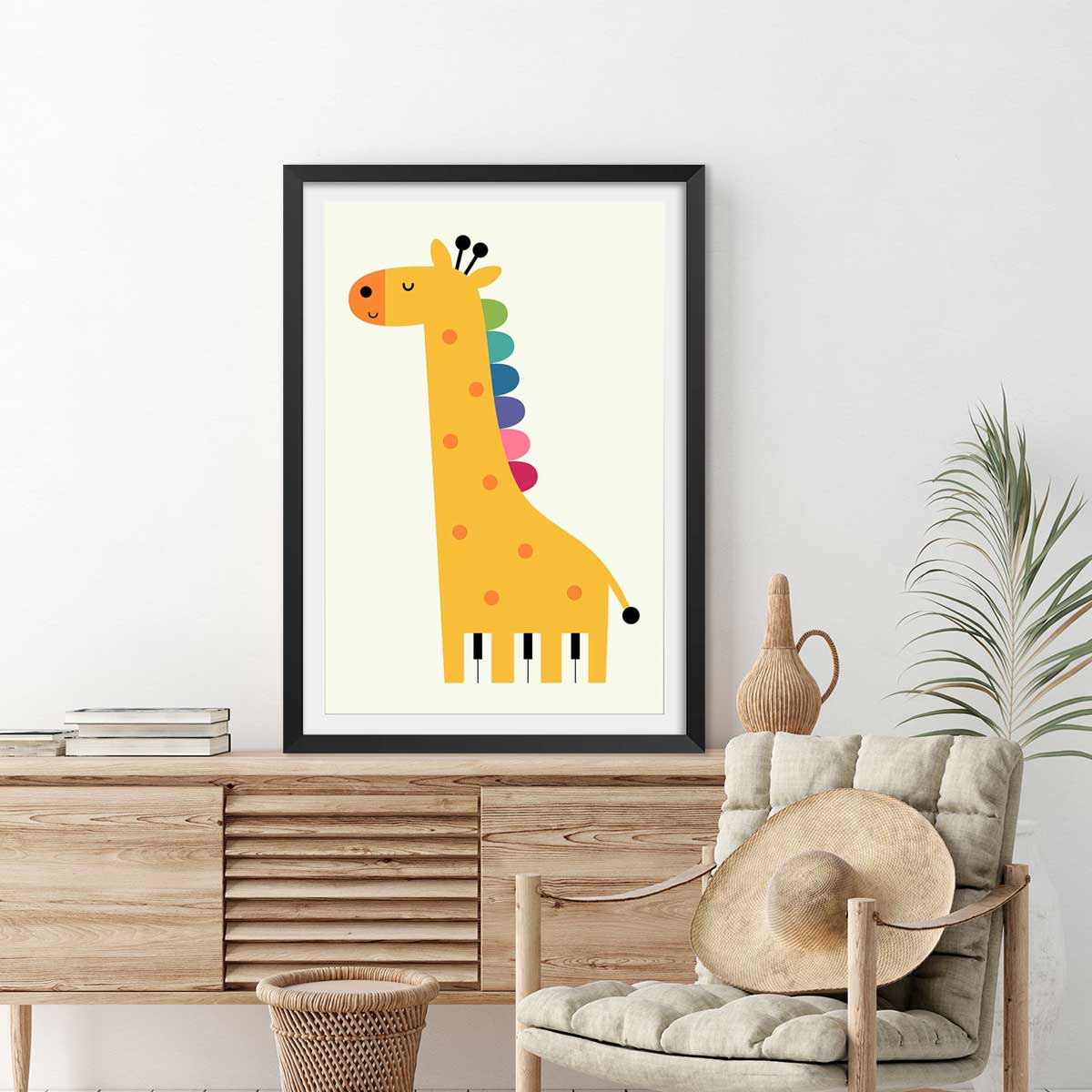 Affiche girafe colorée affiche + cadre en bois - noir, HEXOA