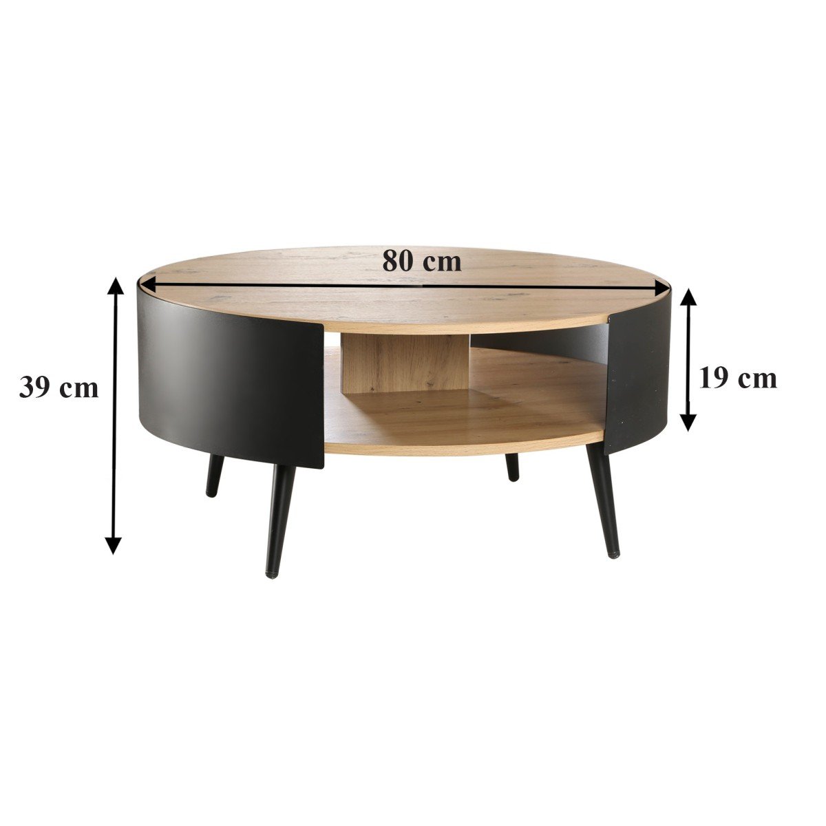 Table Basse Ronde 2 Niveaux Flancs Métal Noir Dia 80cm - EKLO chêne, CALICOSY