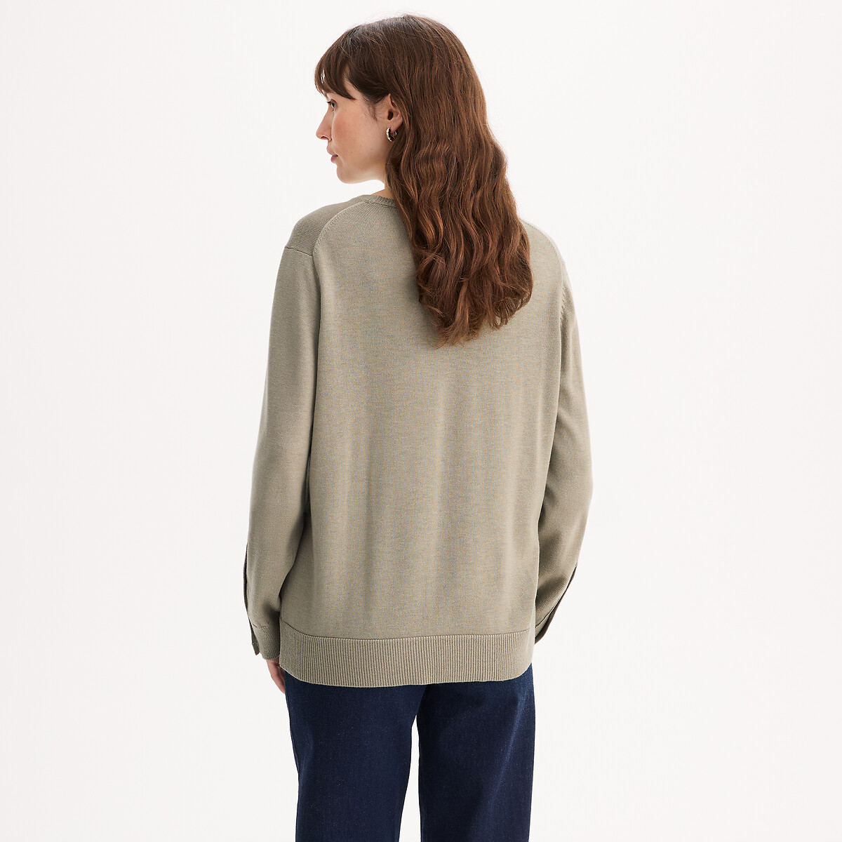Pull col rond en fine maille, en laine mélangée vert sauge, ANNE WEYBURN