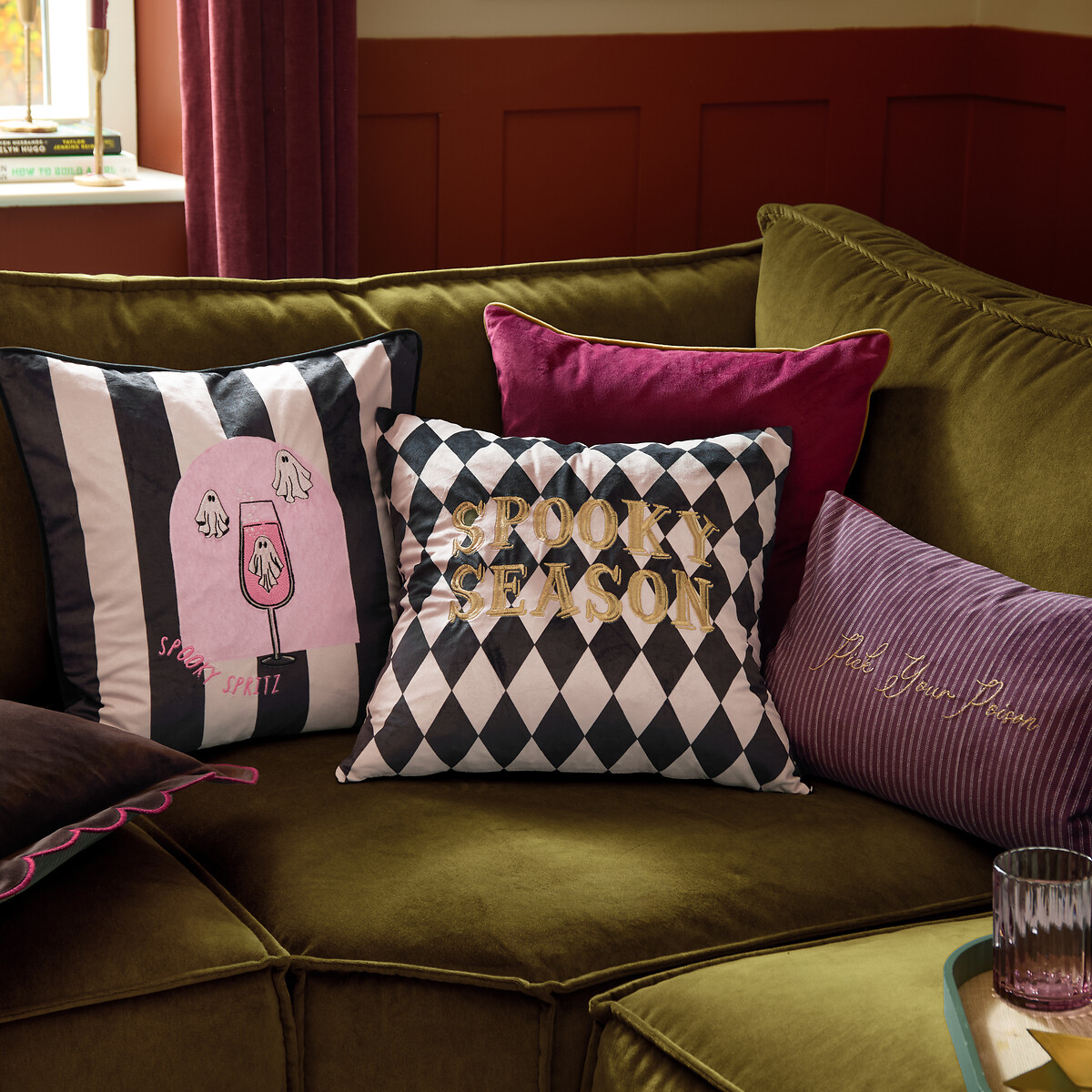 Spooky Spritz Velvet Halloween Cushion black/white, FURN.