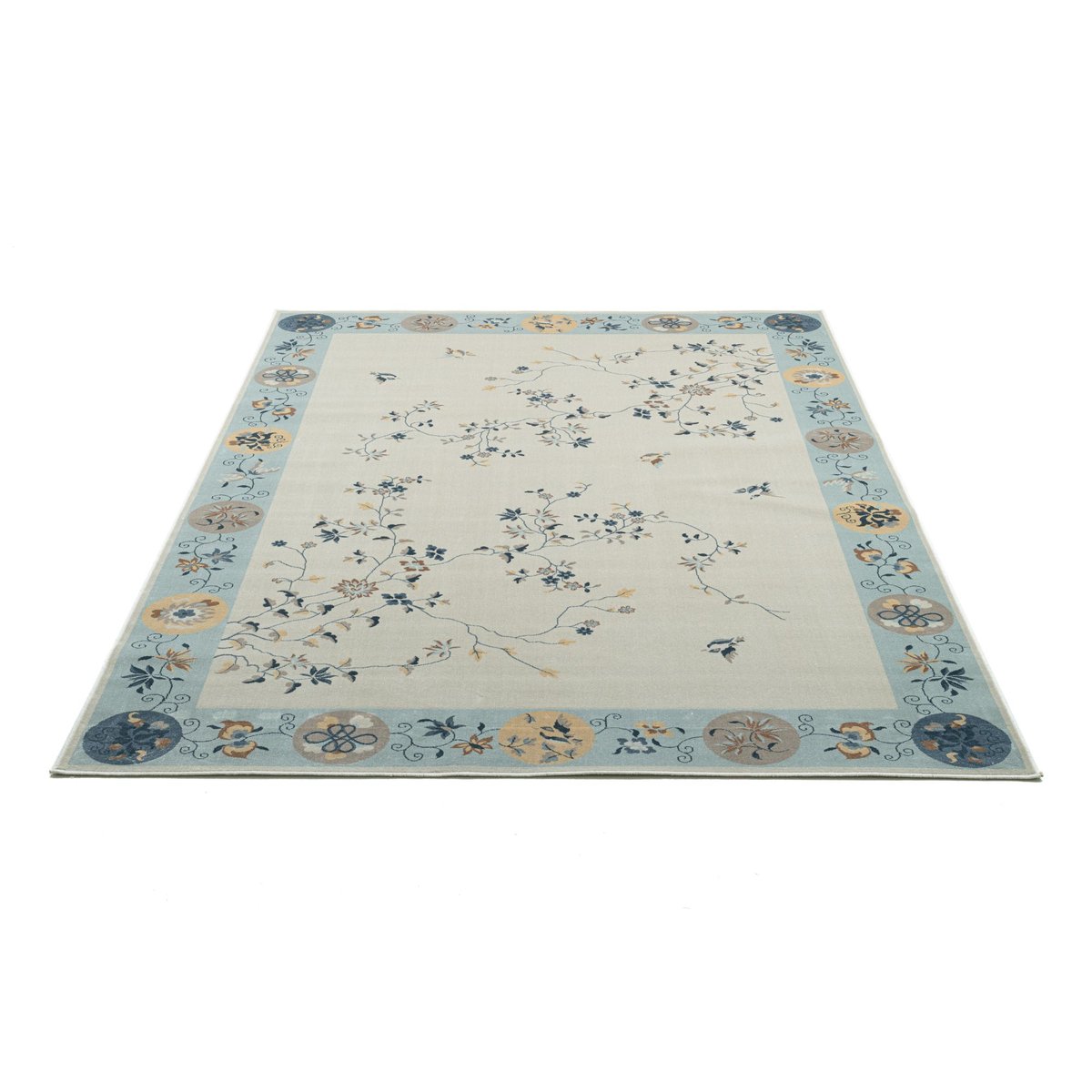 Tapis tissé avec bordure et motif floral avec effet brillant - Cherina bleu clair, GINO FALCONE