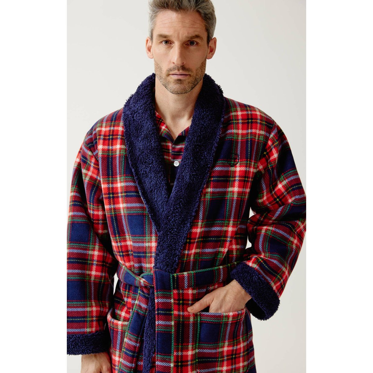 Robe de chambre en polaire à carreaux Léon rouge, ARTHUR