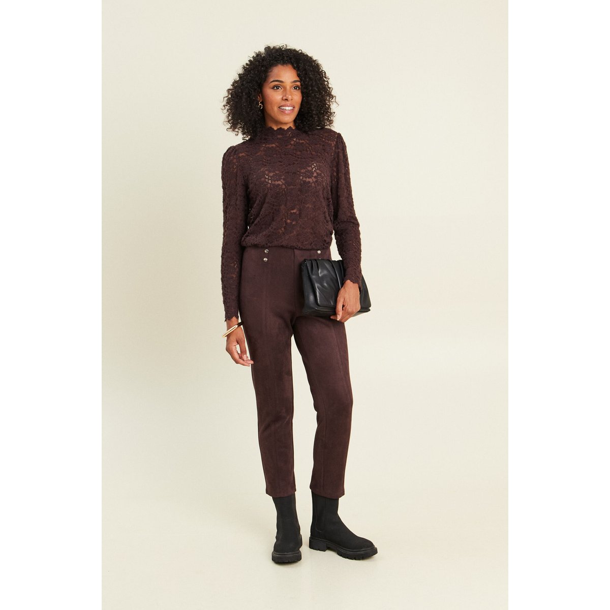 Blouse cintrée col montant dentelle marron foncé, BREAL