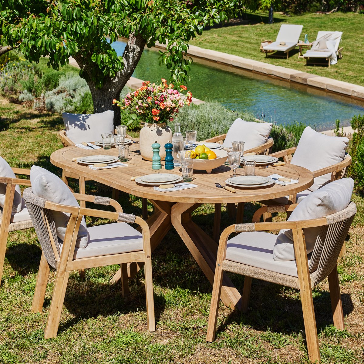 Salon de jardin, 6 chaises, SIENA bois clair, coussin beige, DEFORA HOME