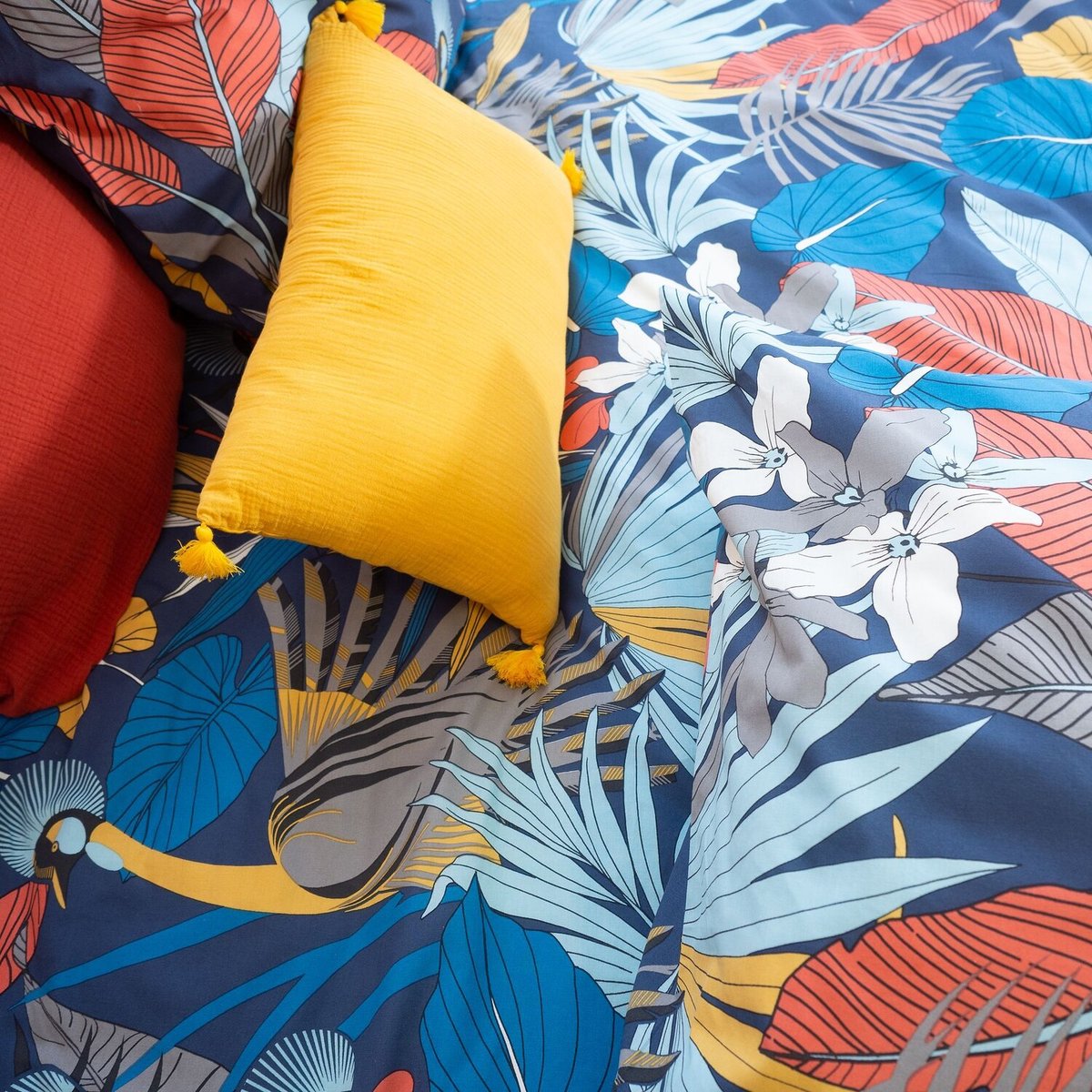 Parure housse de couette en satin de coton imprimée, Parade bleu, C DESIGN HOME TEXTILE