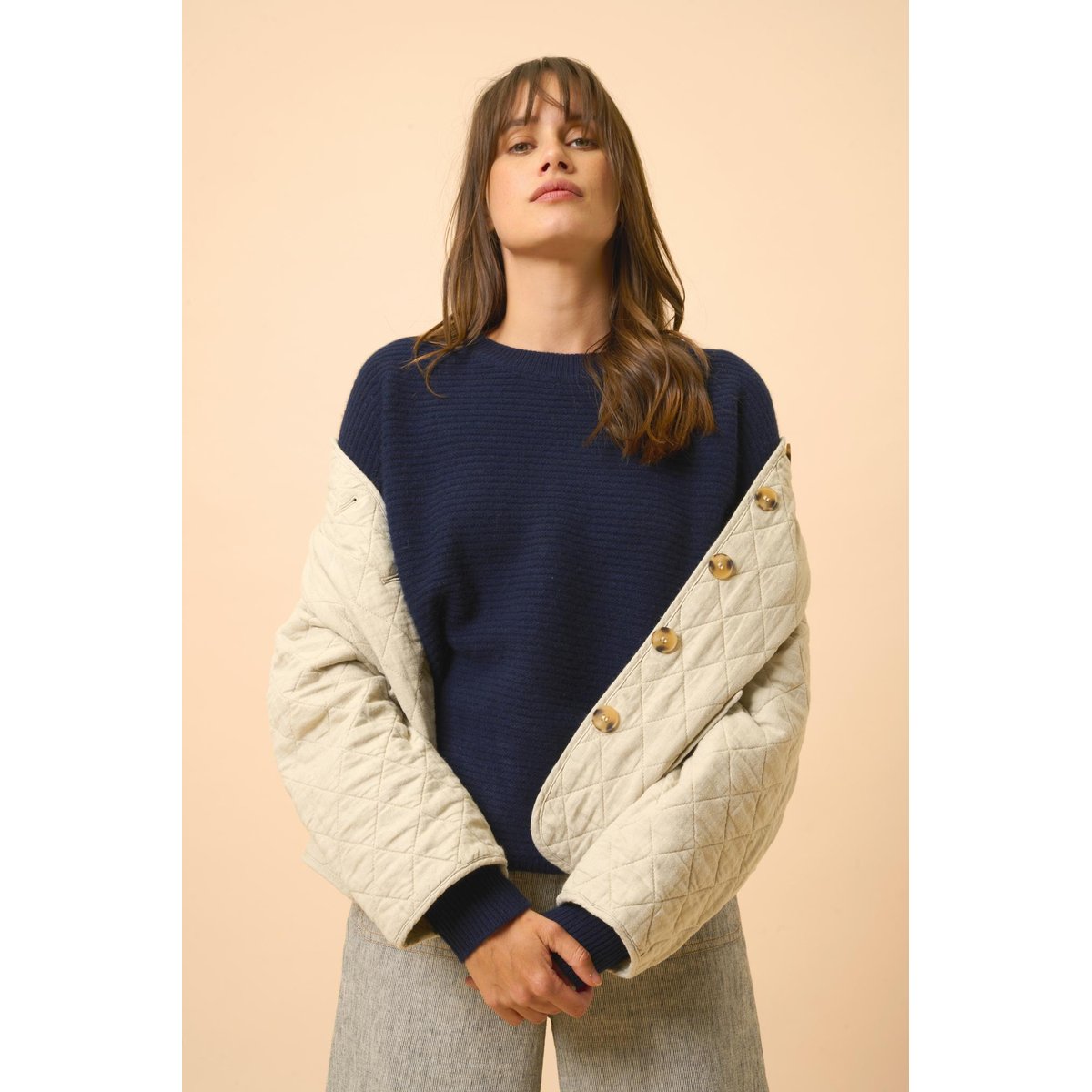 Pull Col Rond 4 Fils Navy Louna bleu foncé, JUST CASHMERE