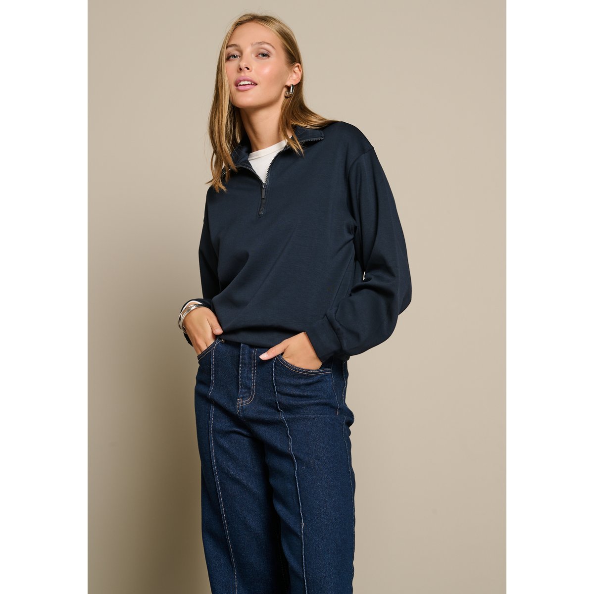 Sweat à col polo zippé bleu marine, LOLALIZA