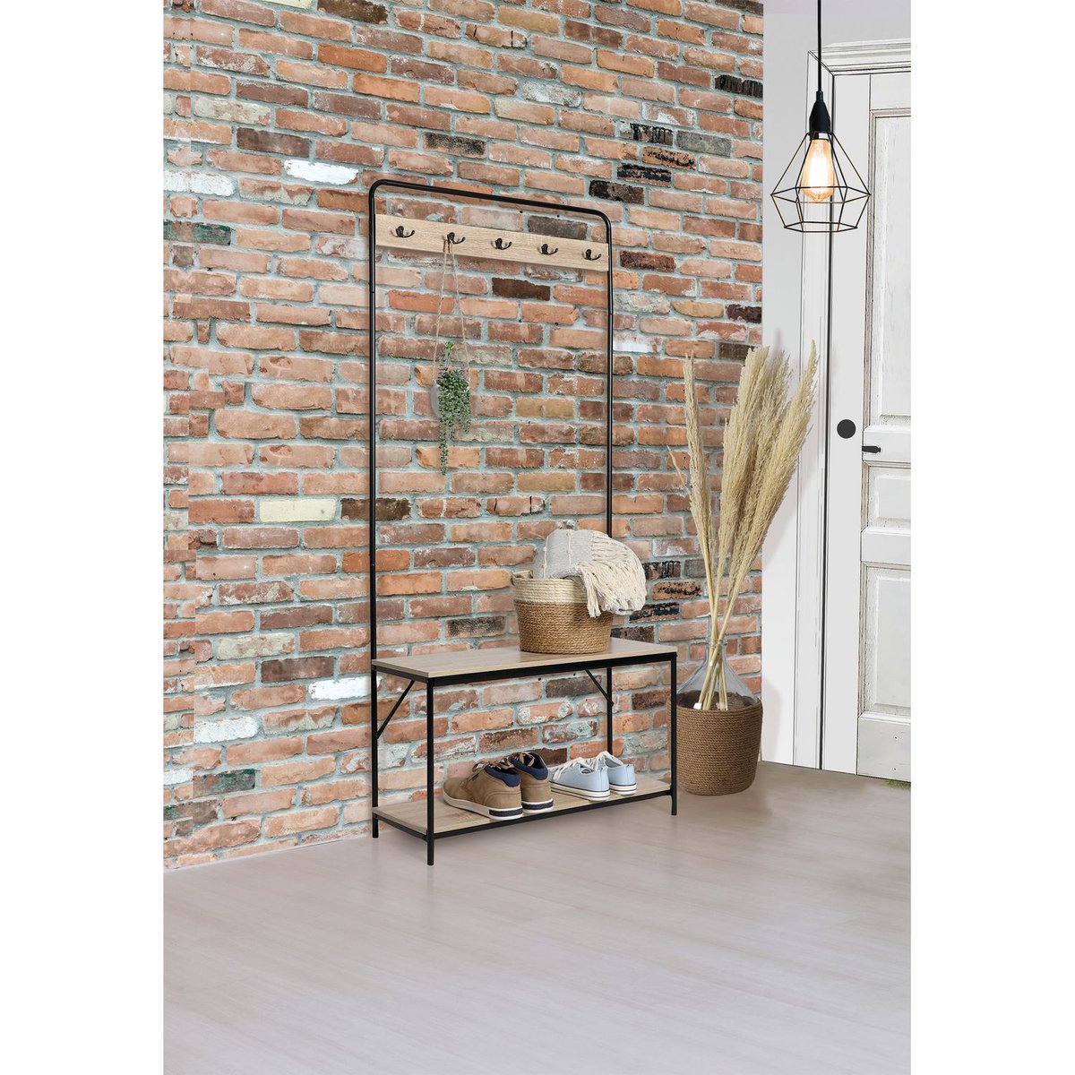 Porte-manteau banc de rangement 5 patères et 1 étagère de rangement beige, TOILINUX