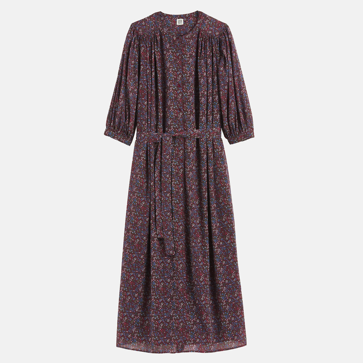 Robe longue imprimé floral à manches 3/4 et col rond imprimé fleurs fond bordeaux, LA REDOUTE COLLECTIONS