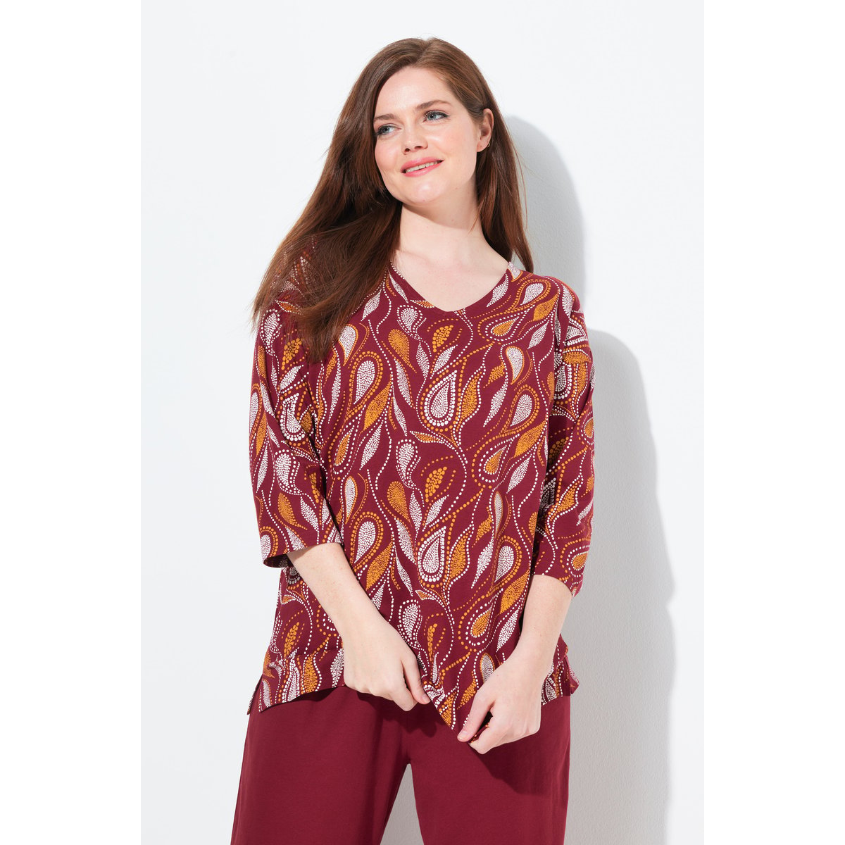 Haut de pyjama en coton bio, motif cachemire rouge cerise foncé, ULLA POPKEN
