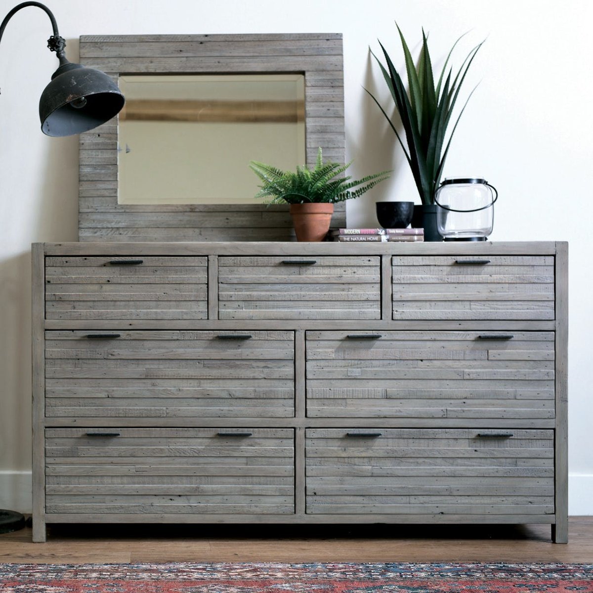 Commode 7 tiroirs en bois recyclé gris lamelles horizontales style campagne 160 cm SIENNE bois naturel, PIER IMPORT