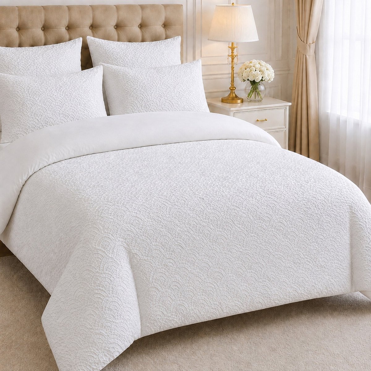 Parure de lit microfibre jacquard effet éventails blanc, TILA blanc, C DESIGN HOME TEXTILE