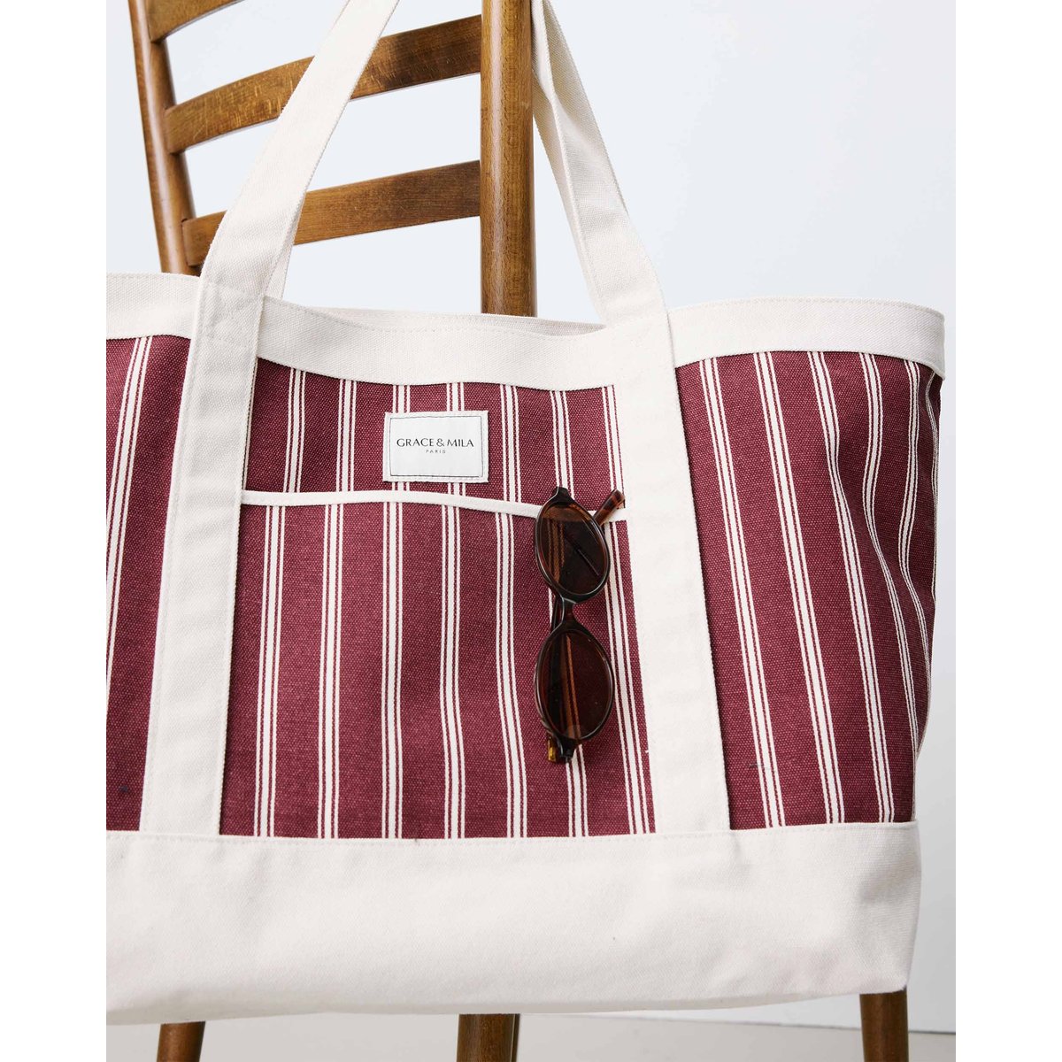 Tote bag large en toile rayée cherry Aspen cherry, GRACE AND MILA