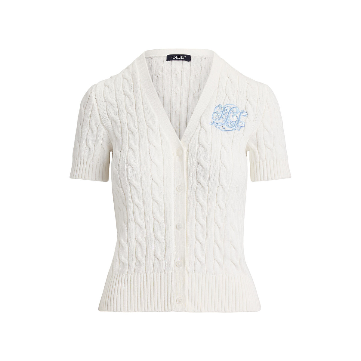 Gilet col V manches courtes en coton torsadé  blanc, LAUREN RALPH LAUREN