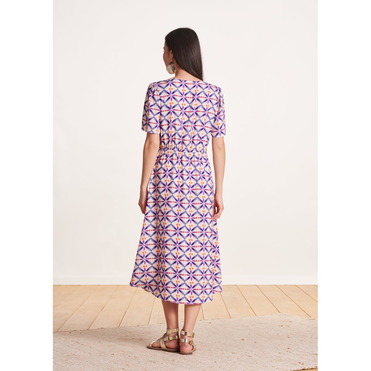 Robe mi-longue à imprimé manches courtes violet, LA FEE MARABOUTEE