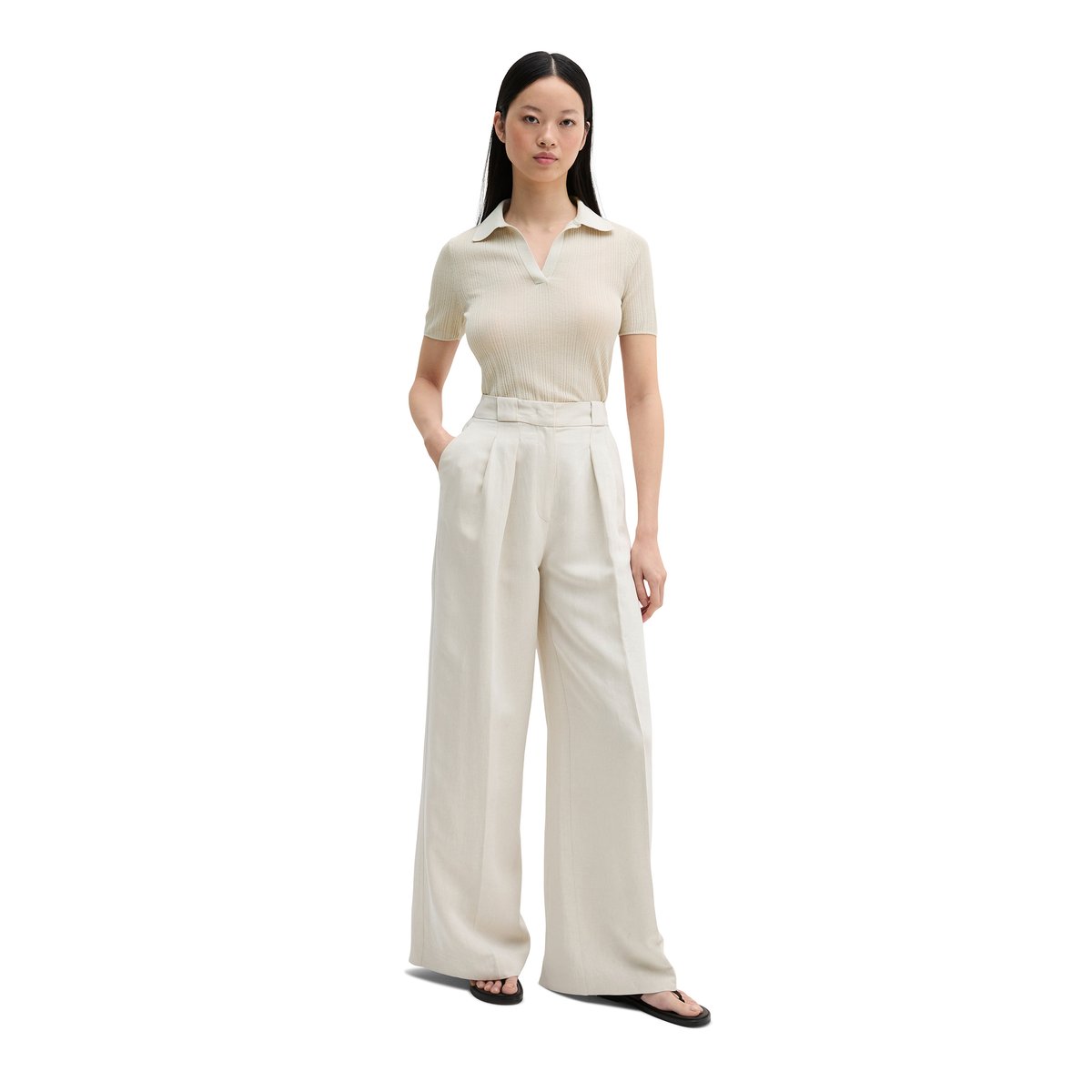 Polo en maille côtelée slim en noble mélange viscose-lin gris clair, MARC O'POLO