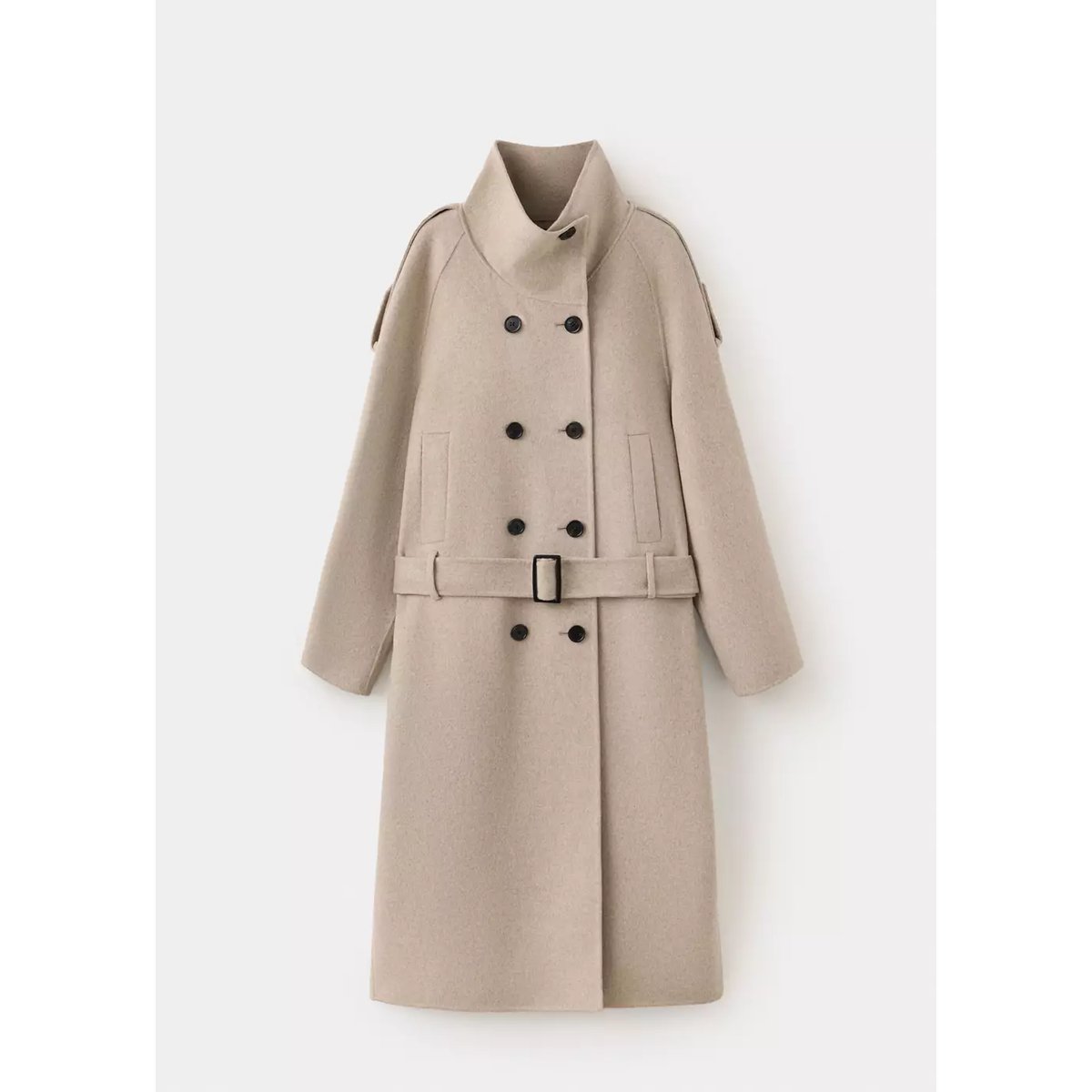 Manteau en laine à col cheminée et ceinture marron moyen, MANGO