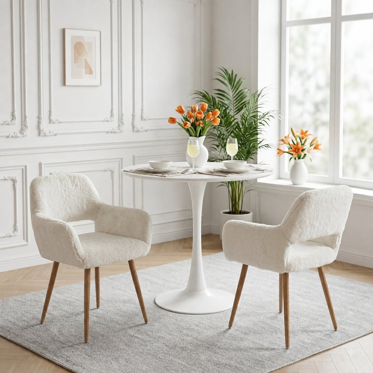 Lot de 4 chaises de salle à manger fauteuil scandinaves en tissu effet poil de lapin, CROMWELL PELUCHE blanc, MEUBLES COSY
