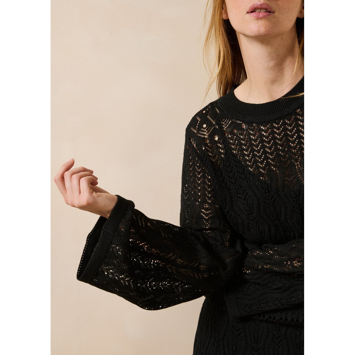 Robe ajustée en maille ajourée manches longues noir, LA FEE MARABOUTEE
