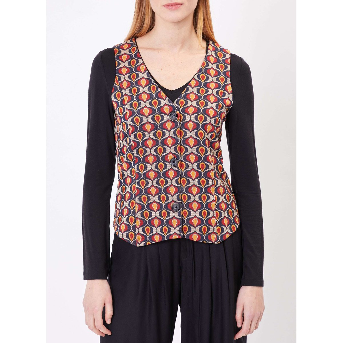 Gilet tailleur maille jacquard GISELE rouge aladin, PRINCESSE NOMADE