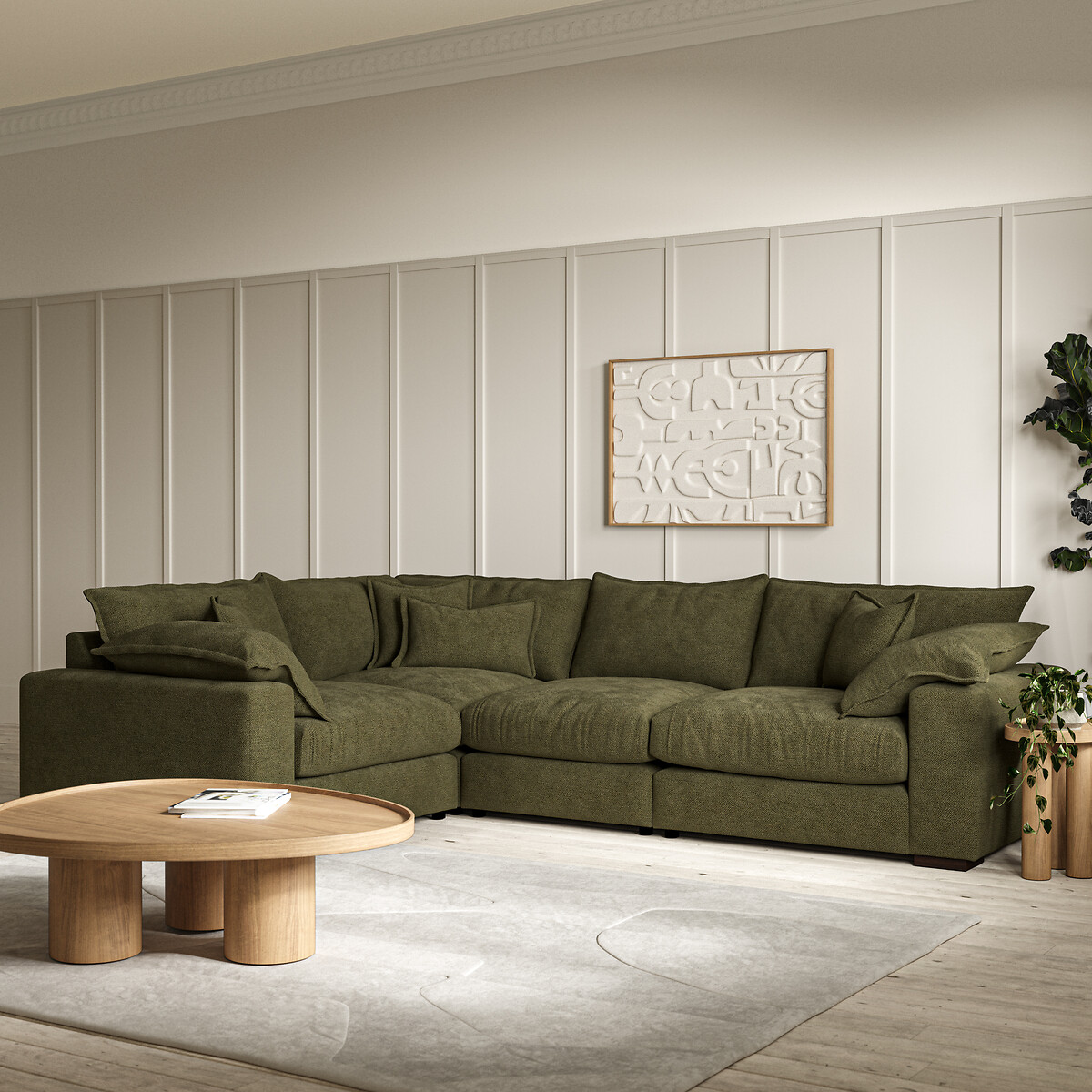Camille Bouclé Reversible Corner Sofa with Walnut Feet dark olive, ÉDITÉ