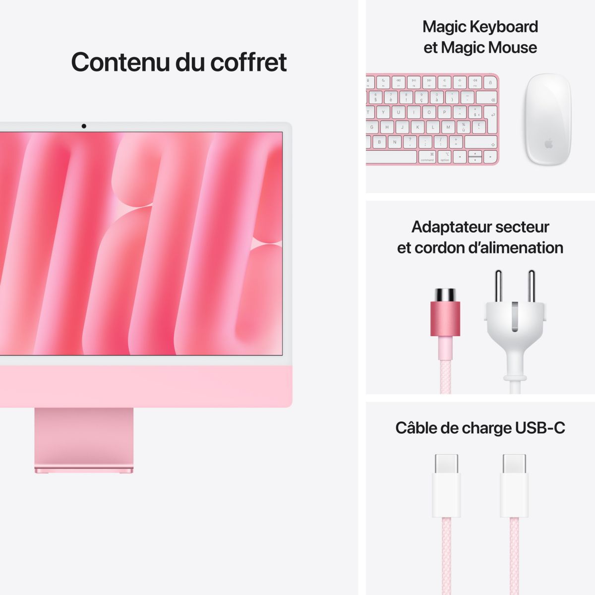 Ordinateur Apple 24" Ecran Retina 4,5K Puce M4 CPU 8 / GPU 8 coeurs Mémoire RAM 16Go Stockage 256Go SSD Rose couleur unique, APPLE