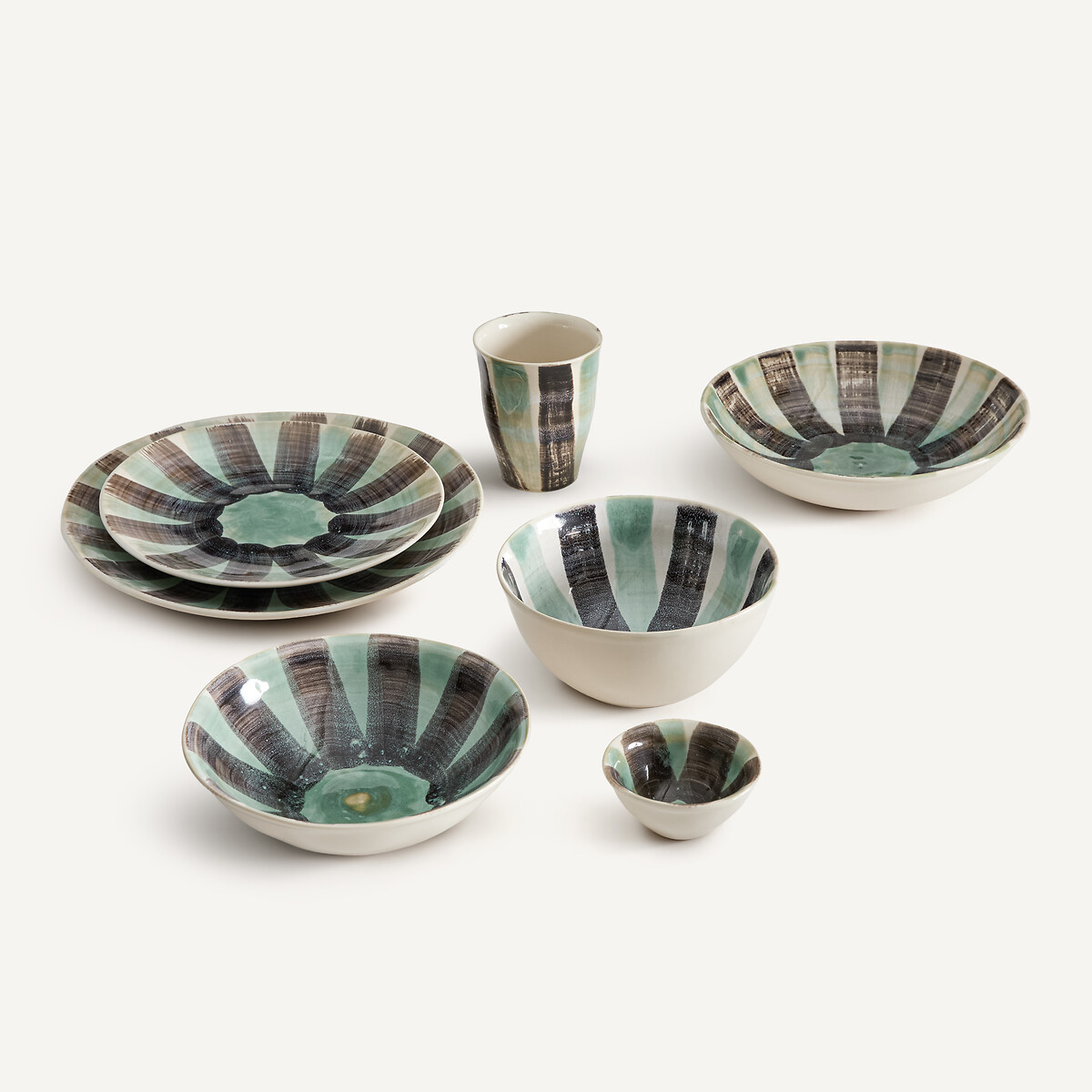 Lot de 4 bols à céréales en grès rayé, diamètre 17 cm, VIANA vert de gris/noir, AM.PM