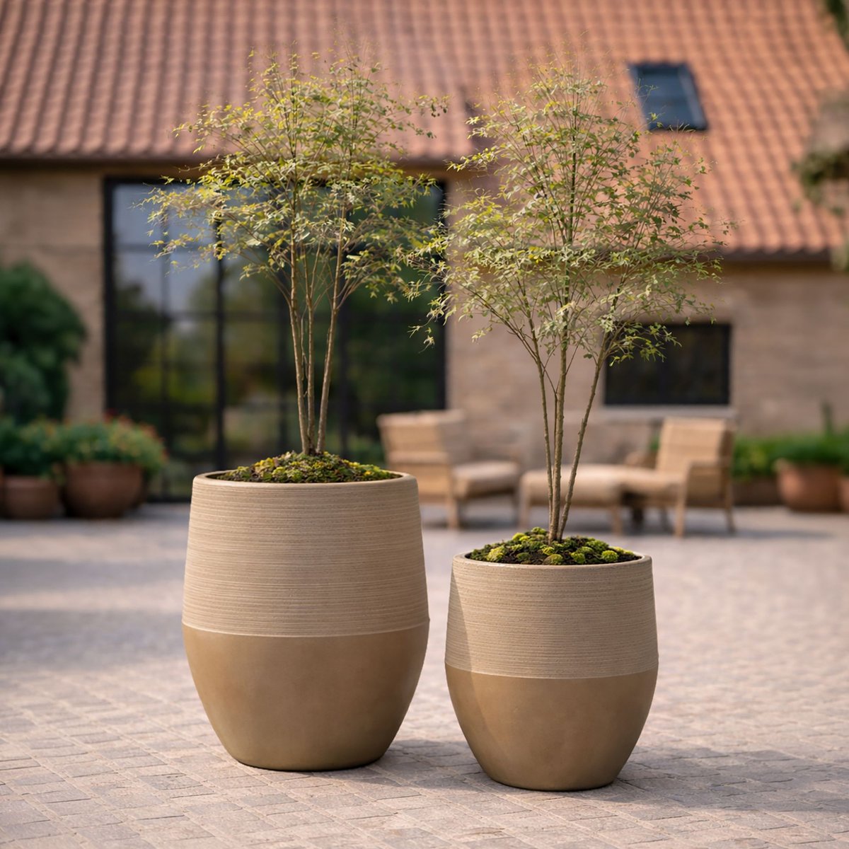 Lot de 2 pots ronds bas en fibre d'argile, COMPORTA couleur terre cuite, NOW'S HOME