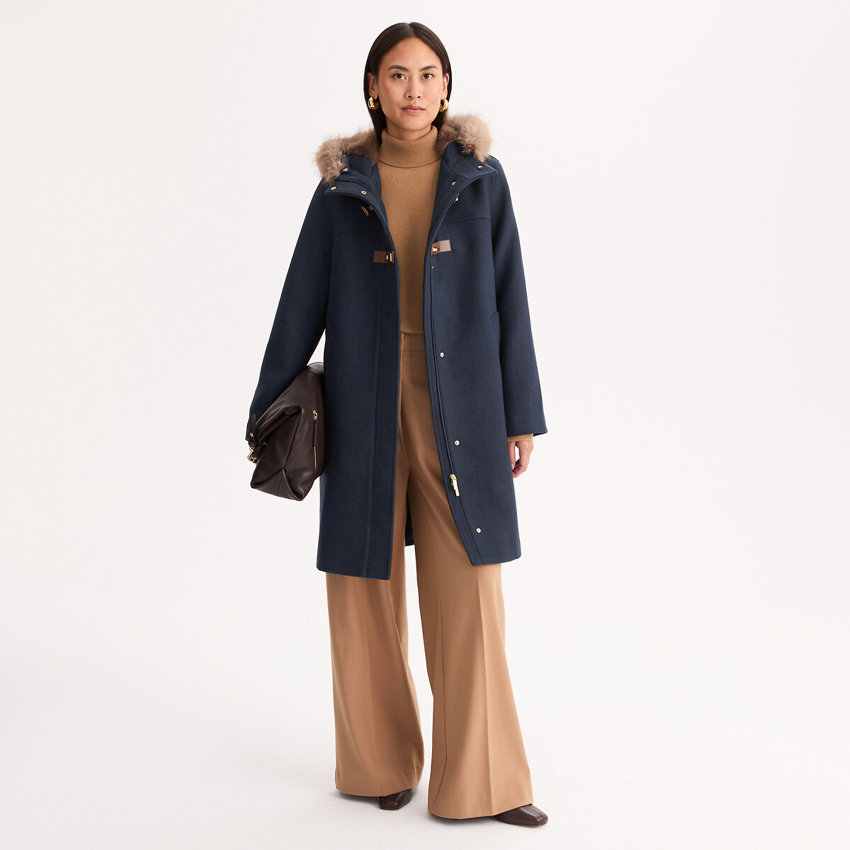 Manteau mi-long, style duffle-coat, à capuche bleu marine, ANNE WEYBURN