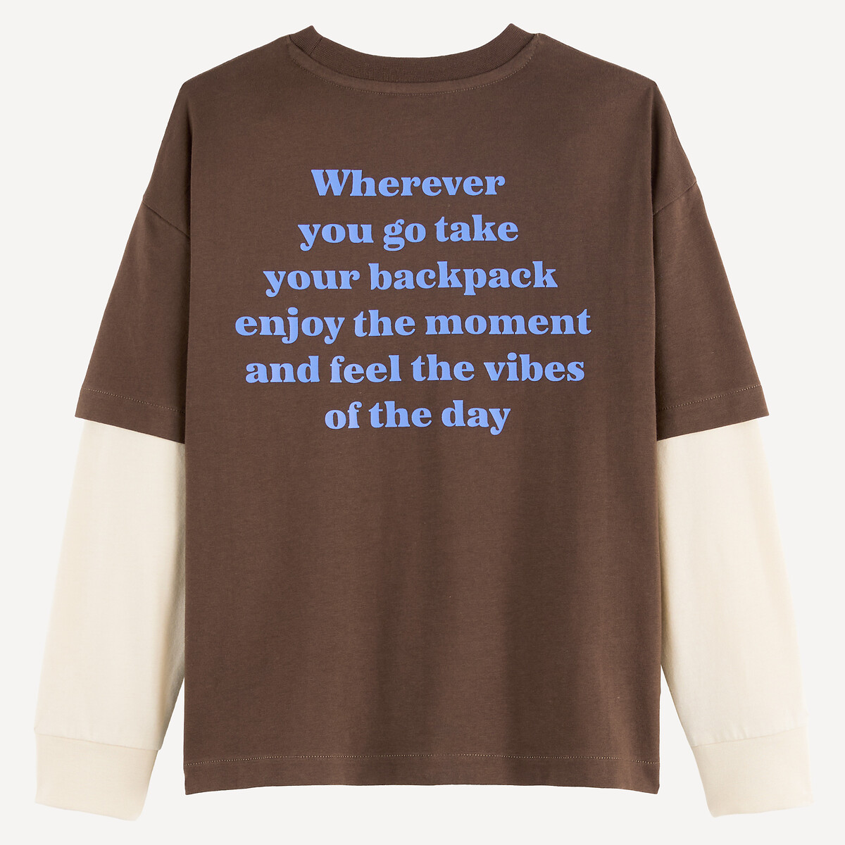 T-shirt manches longues, effet 2 en 1, avec motif devant et message au dos marron, LA REDOUTE COLLECTIONS
